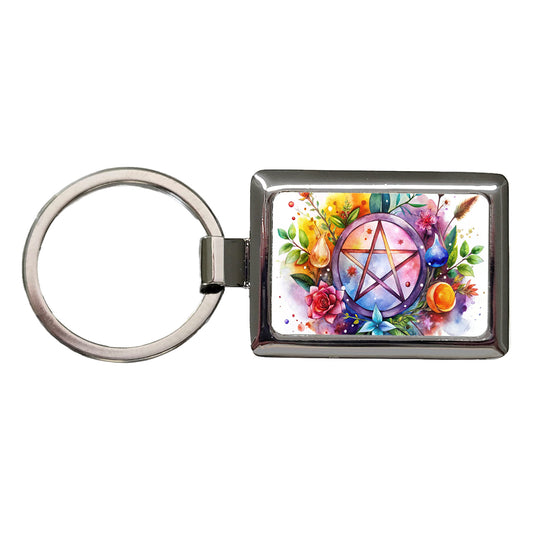 Witch Wiccan Pentagram Floral Watercolor Rectangle Metal Keychain
