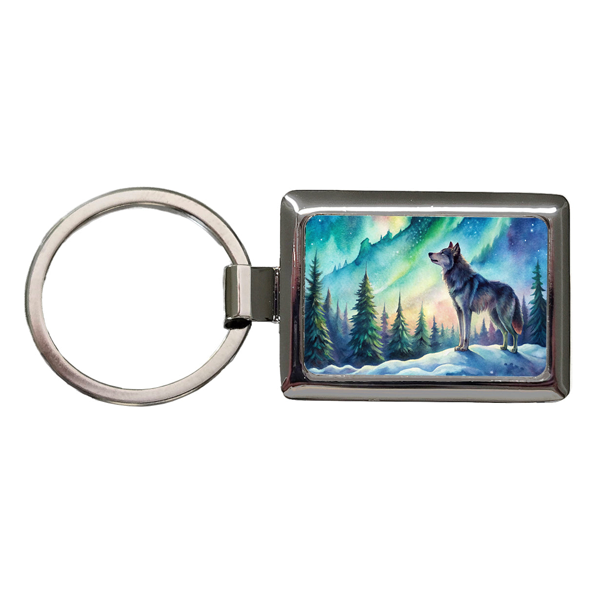 Wolf And Northern Lights Watercolor Rectangle Metal Keychain