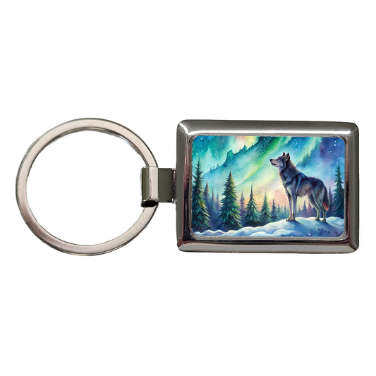 Wolf And Northern Lights Watercolor Rectangle Metal Keychain
