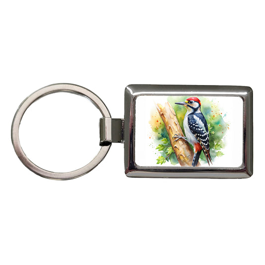 Woodpecker In Tree Bird Watercolor Rectangle Metal Keychain