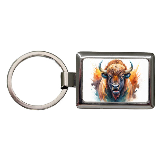Angry American Bison Buffalo Watercolor Rectangle Metal Keychain