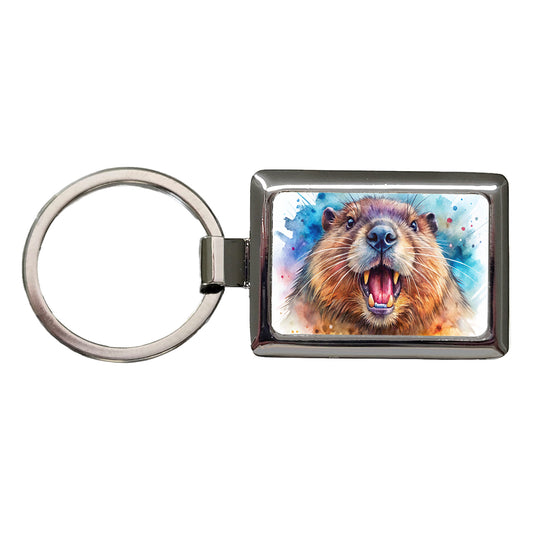 Angry Beaver Watercolor Rectangle Metal Keychain