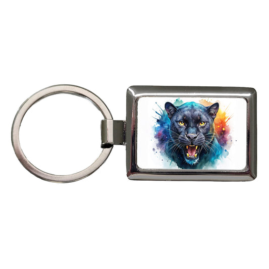 Angry Black Panther Watercolor Rectangle Metal Keychain