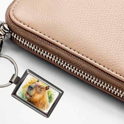 Angry Capybara Watercolor Rectangle Metal Keychain