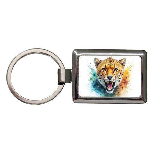 Angry Cheetah Watercolor Rectangle Metal Keychain