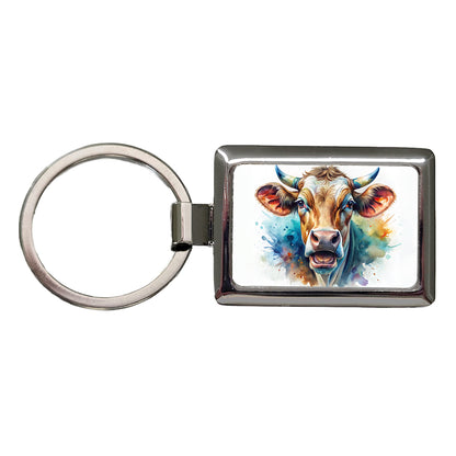 Angry Cow Watercolor Rectangle Metal Keychain