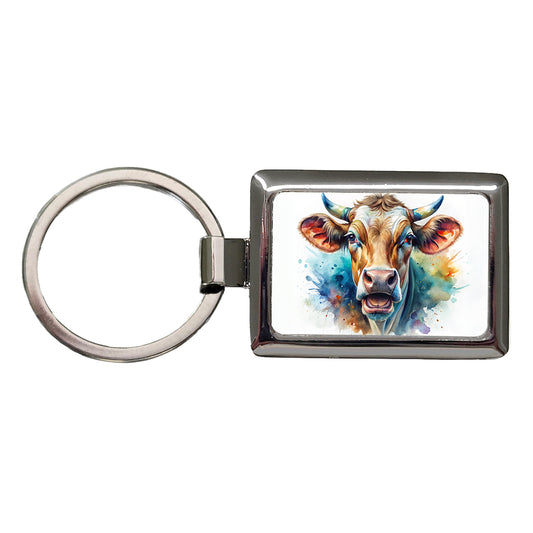 Angry Cow Watercolor Rectangle Metal Keychain