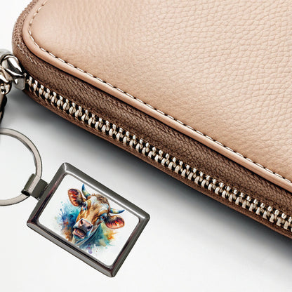 Angry Cow Watercolor Rectangle Metal Keychain