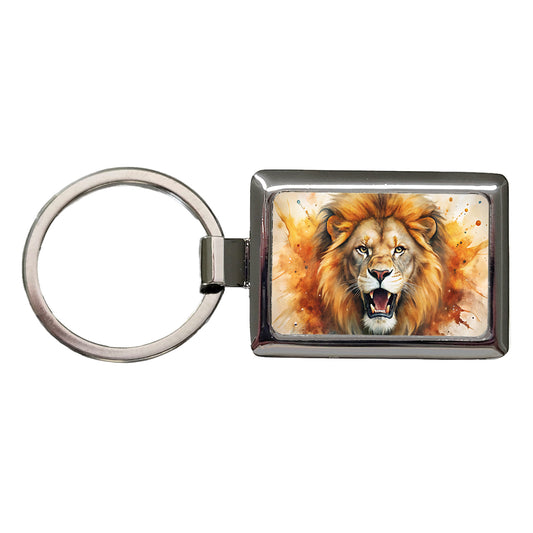 Angry Male Lion Watercolor Rectangle Metal Keychain