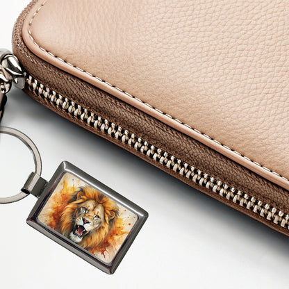 Angry Male Lion Watercolor Rectangle Metal Keychain