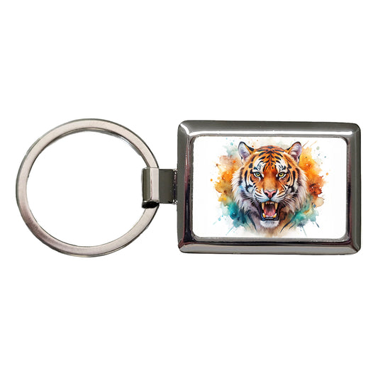 Angry Tiger Watercolor Rectangle Metal Keychain