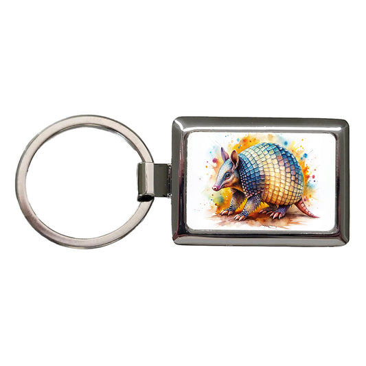 Armadillo Watercolor Rectangle Metal Keychain