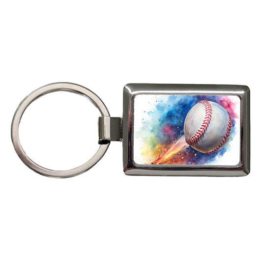 Baseball Rocketing Through The Air Watercolor Rectangle Metal Keychain