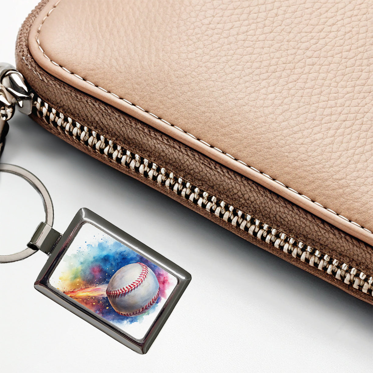 Baseball Rocketing Through The Air Watercolor Rectangle Metal Keychain