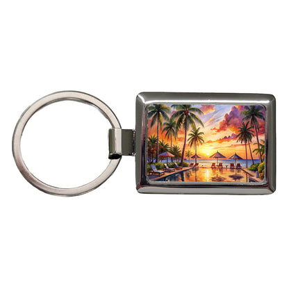 Beach Resort At Sunset Sunrise Tropical Watercolor Rectangle Metal Keychain