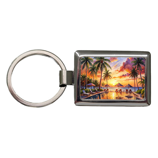 Beach Resort At Sunset Sunrise Tropical Watercolor Rectangle Metal Keychain