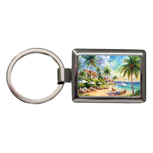 Beach Resort Tropical Scene Watercolor Rectangle Metal Keychain