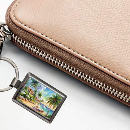 Beach Resort Tropical Scene Watercolor Rectangle Metal Keychain