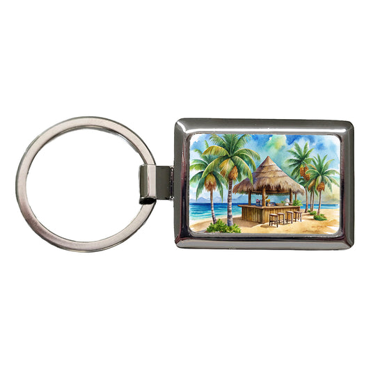 Beach Resort Tropical Scene With Tiki Bar Rectangle Metal Keychain