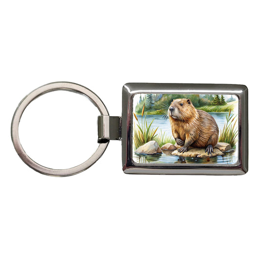 Beaver in the Pond Dam Watercolor Rectangle Metal Keychain