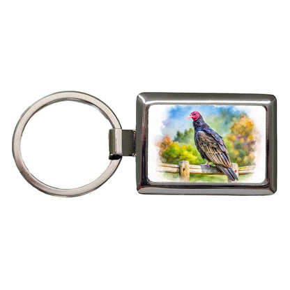 Black Turkey Vulture Sitting On Fence Watercolor Rectangle Metal Keychain