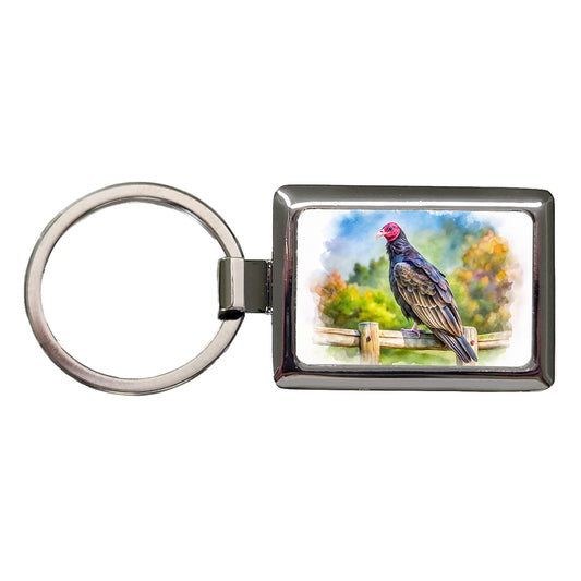 Black Turkey Vulture Sitting On Fence Watercolor Rectangle Metal Keychain