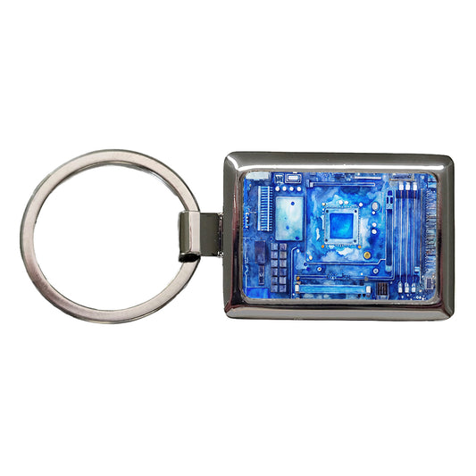 Blue Computer Motherboard Watercolor Rectangle Metal Keychain