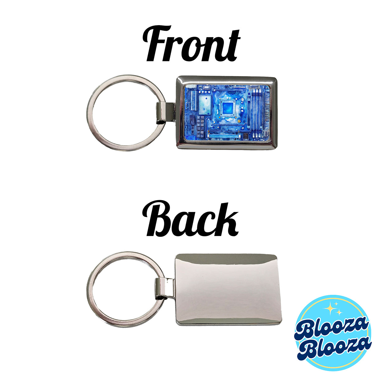 Blue Computer Motherboard Watercolor Rectangle Metal Keychain