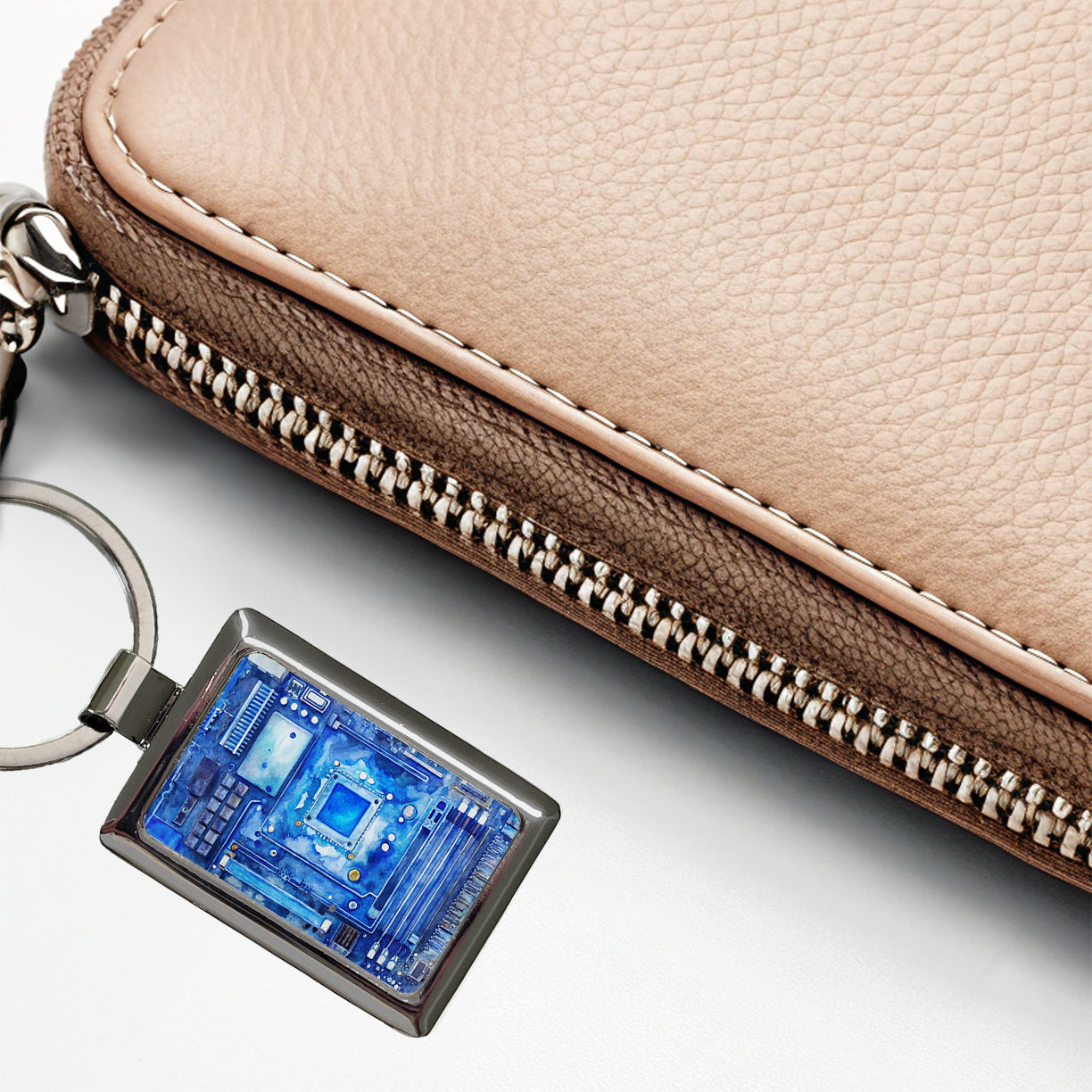 Blue Computer Motherboard Watercolor Rectangle Metal Keychain