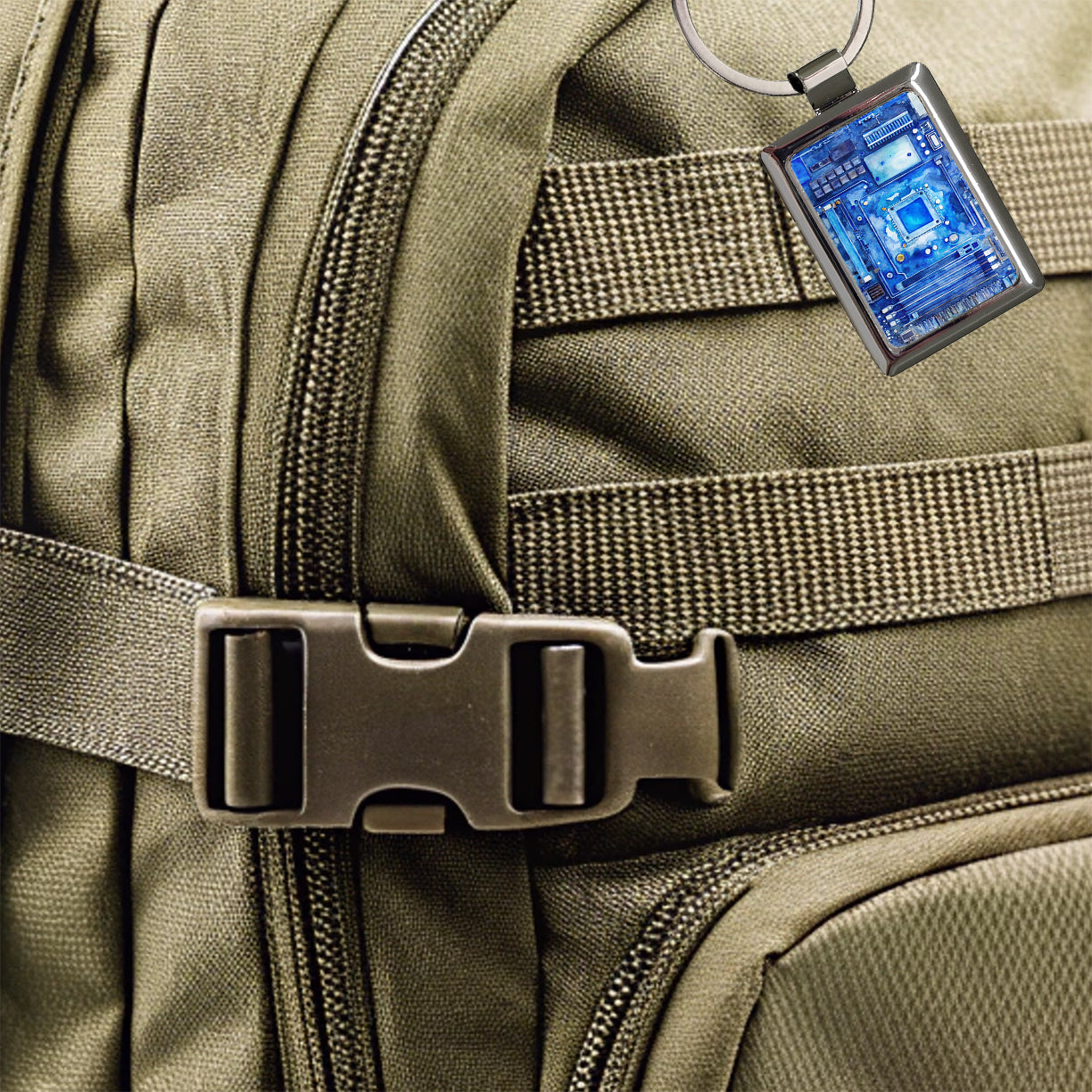 Blue Computer Motherboard Watercolor Rectangle Metal Keychain