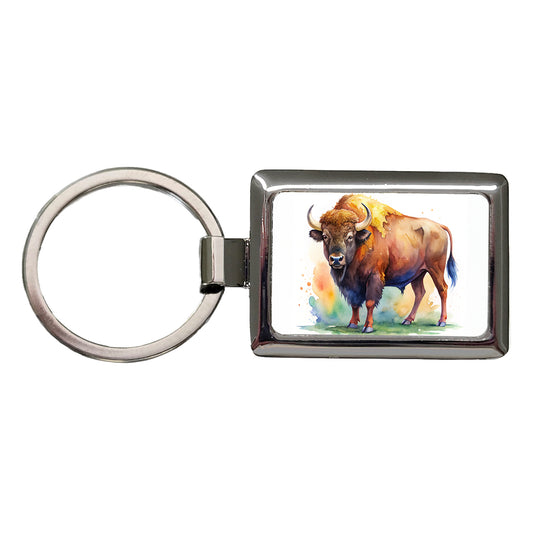 Buffalo Bison Watercolor Rectangle Metal Keychain