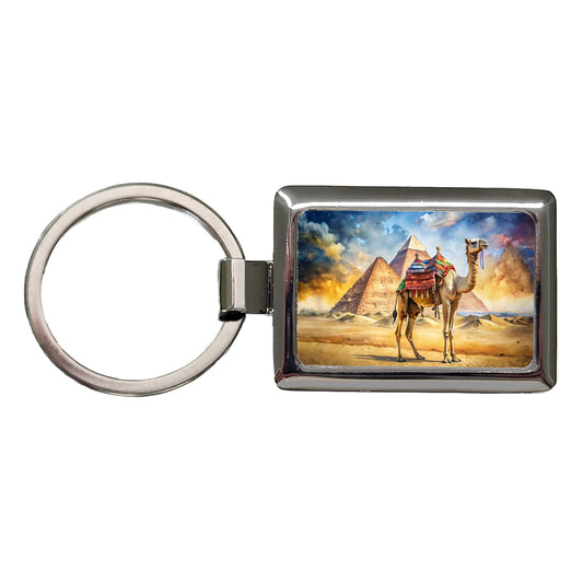 Camel With Pyramids In Background Watercolor Rectangle Metal Keychain