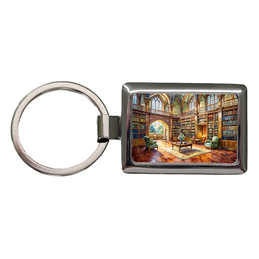 Castle Library Books Reading Watercolor Rectangle Metal Keychain