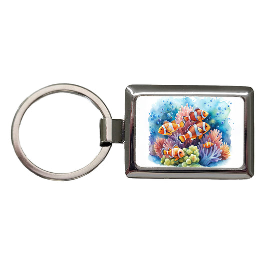 Clown Fish Swimming Around Coral Watercolor Rectangle Metal Keychain