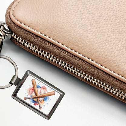 Crossed Baseball Bats And Balls Watercolor Rectangle Metal Keychain