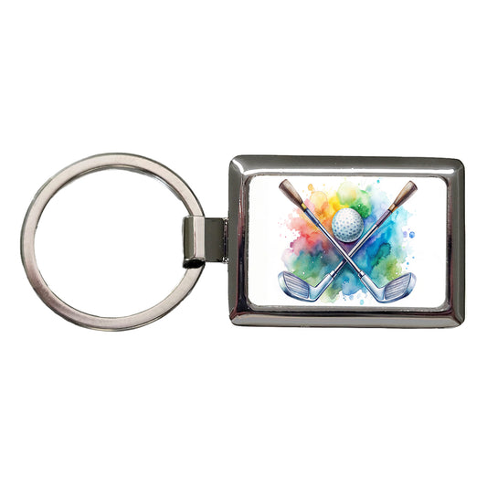 Crossed Golf Clubs And Ball Watercolor Rectangle Metal Keychain