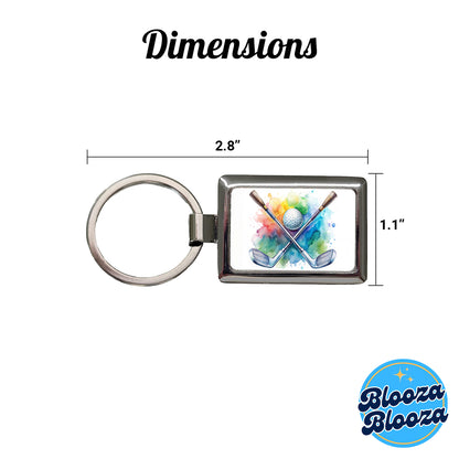 Crossed Golf Clubs And Ball Watercolor Rectangle Metal Keychain