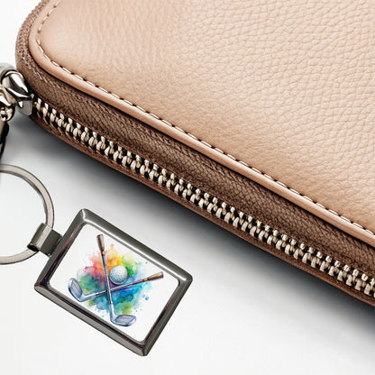 Crossed Golf Clubs And Ball Watercolor Rectangle Metal Keychain