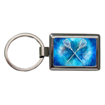 Crossed Lacrosse Sticks On Blue Background Rectangle Metal Keychain