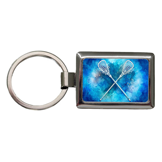 Crossed Lacrosse Sticks On Blue Background Rectangle Metal Keychain