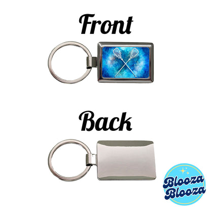 Crossed Lacrosse Sticks On Blue Background Rectangle Metal Keychain