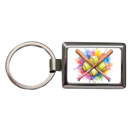 Crossed Softball Bats And Balls Watercolor Rectangle Metal Keychain