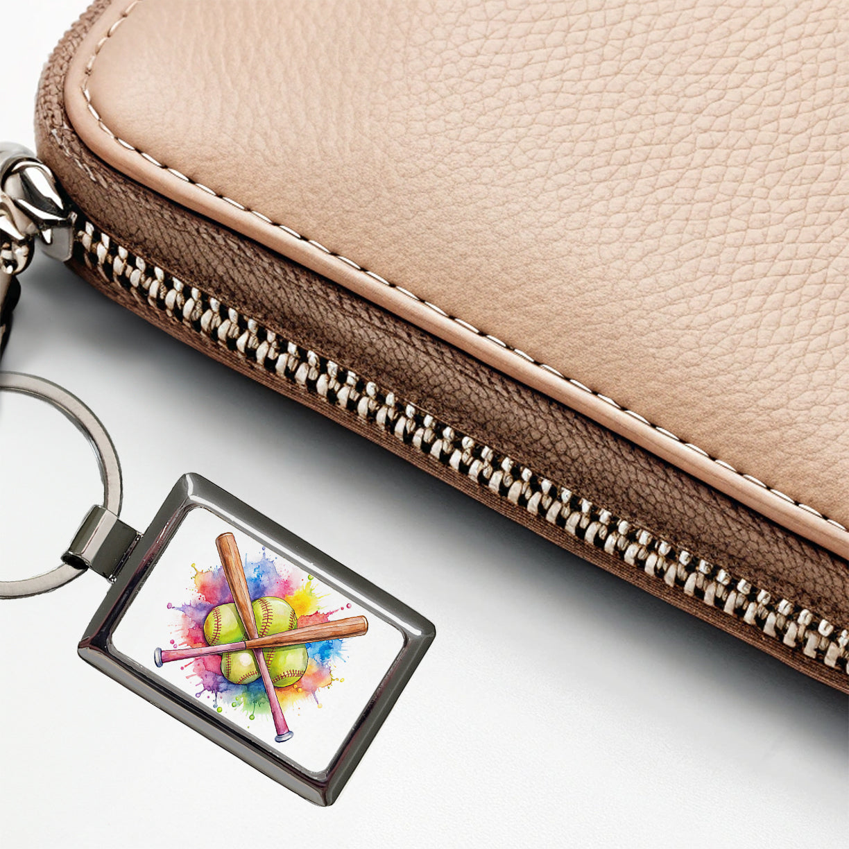 Crossed Softball Bats And Balls Watercolor Rectangle Metal Keychain