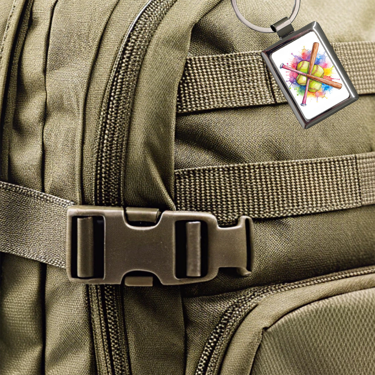 Crossed Softball Bats And Balls Watercolor Rectangle Metal Keychain