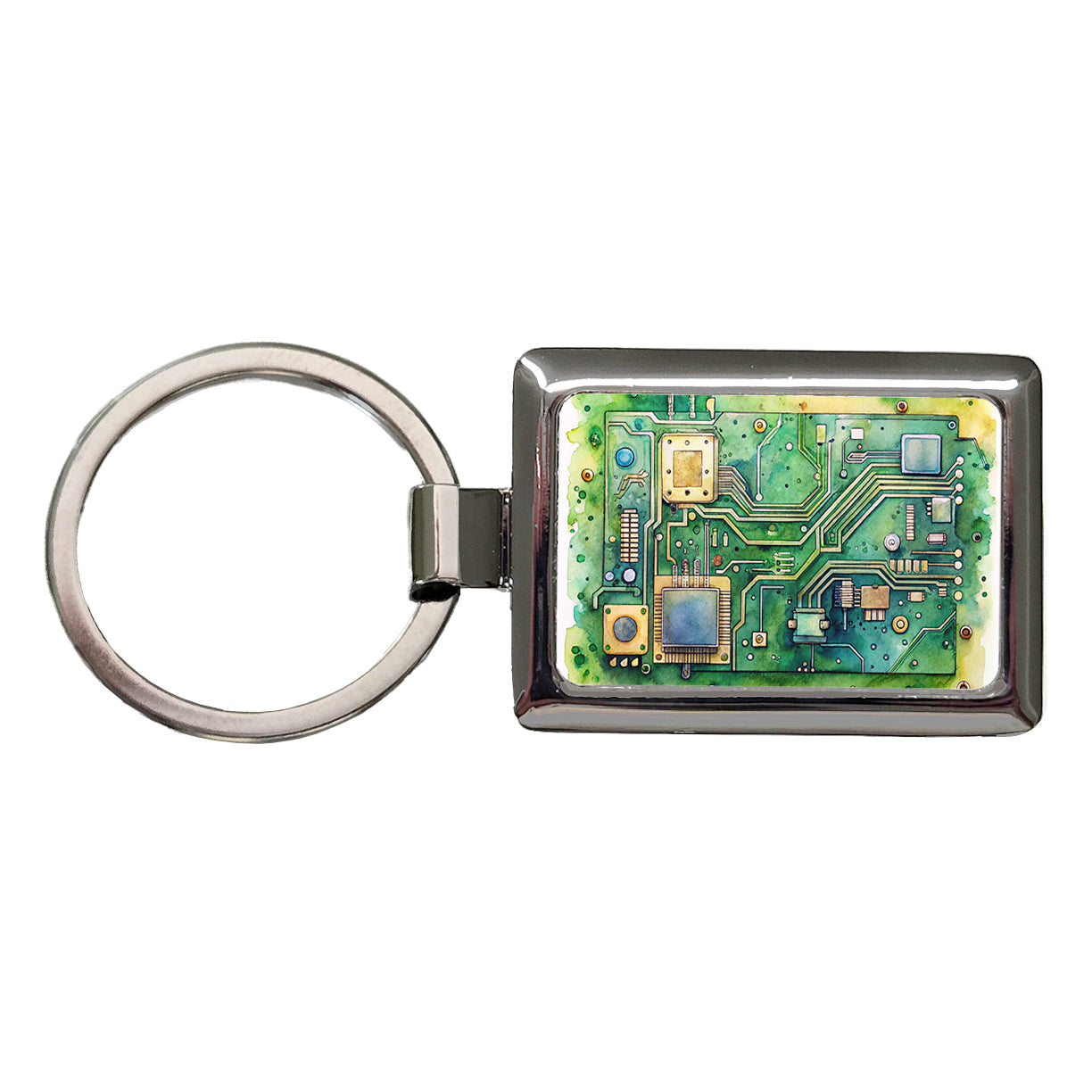 Detailed Circuit Board Watercolor Rectangle Metal Keychain
