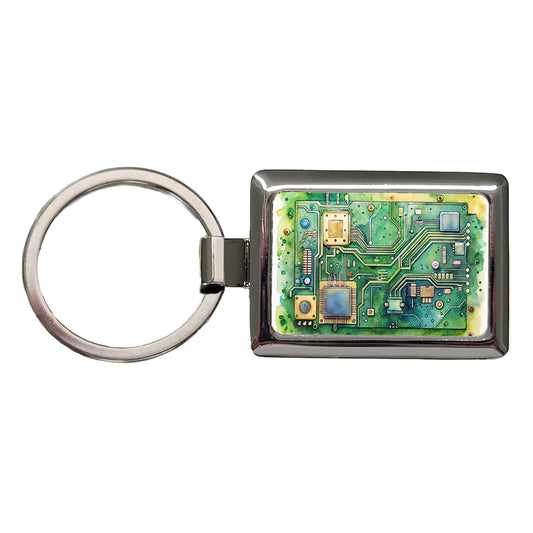 Detailed Circuit Board Watercolor Rectangle Metal Keychain