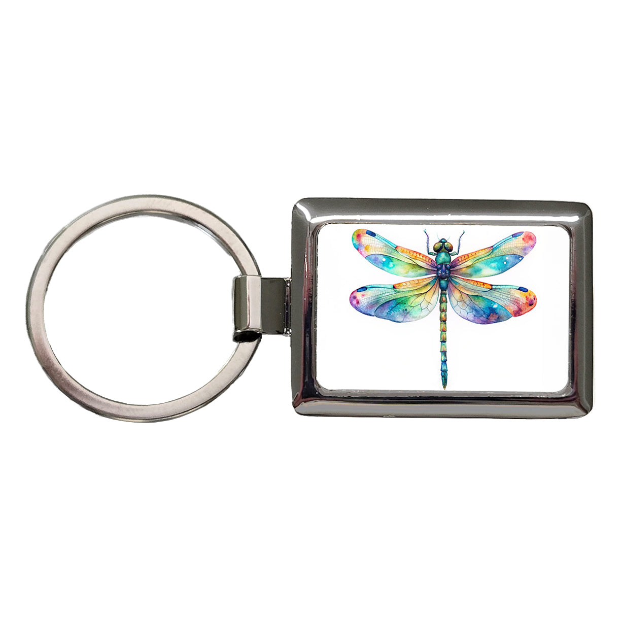 Dragonfly Rainbow Watercolor Rectangle Metal Keychain