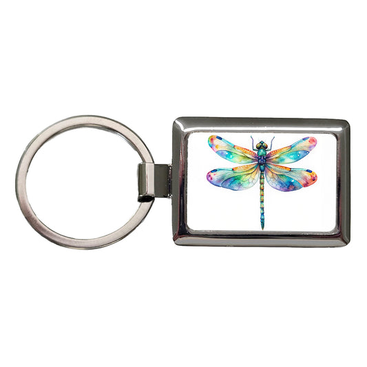 Dragonfly Rainbow Watercolor Rectangle Metal Keychain