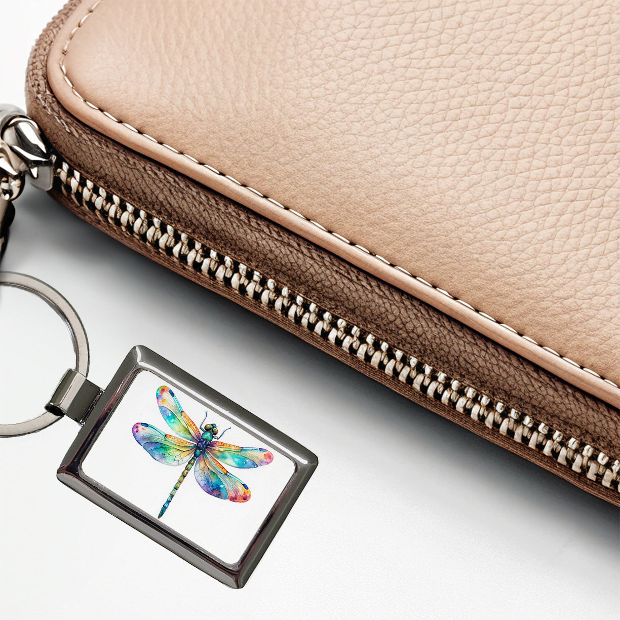 Dragonfly Rainbow Watercolor Rectangle Metal Keychain