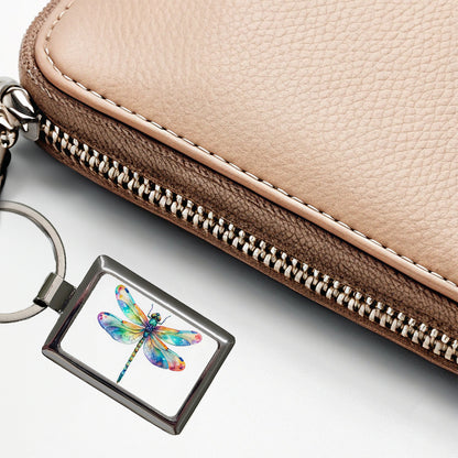 Dragonfly Rainbow Watercolor Rectangle Metal Keychain